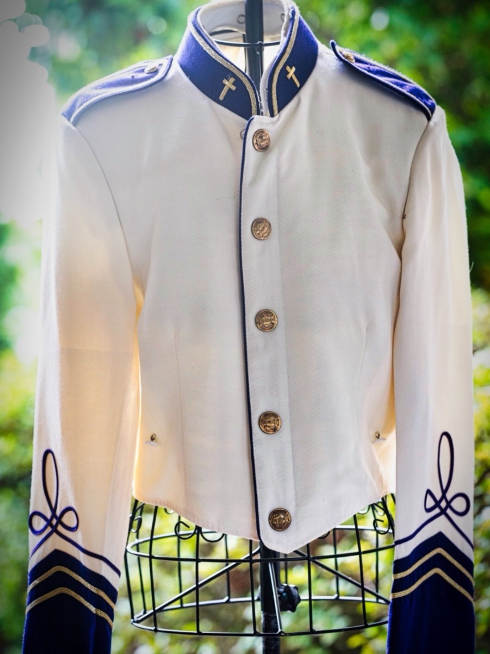 Vintage 1950s: Stanbury Marching Band Jacket White Blue Gold Trim Uniform Tunic